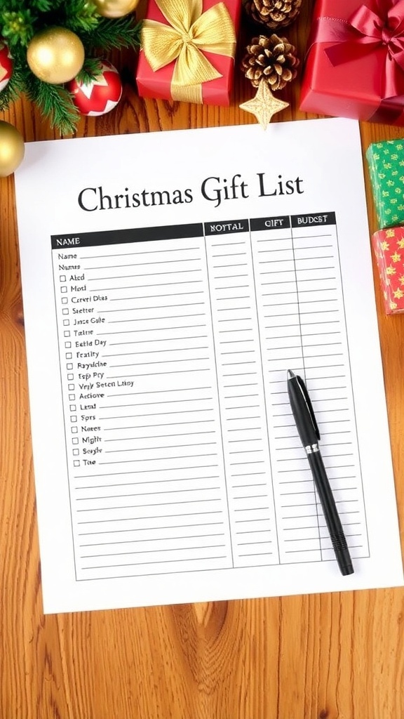Printable Christmas gift list on a table with holiday decorations.